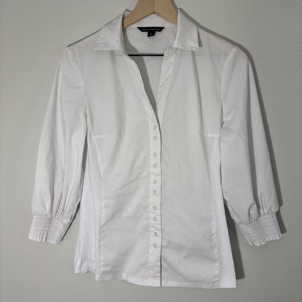 Zac & Rachel 3/4 Sleeve Shirring Cuff Button Blouse White Tuxedo Shirt Fitted Sm